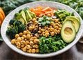 Vegetables salad. Healthy vegan lunch bowl with mushrooms, avocado, broccoli, spinach, chickpeas, pumpkin on a wooden table