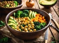 Vegetables salad. Healthy vegan lunch bowl with mushrooms, avocado, broccoli, spinach, chickpeas, pumpkin on a wooden table