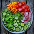 Vegetables Salad, Vegan Plate of Fresh Sliced Cucumbers, Green Onions, Radish, Cherry Tomatoes Royalty Free Stock Photo