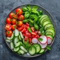Vegetables Salad, Vegan Plate of Fresh Sliced Cucumbers, Green Onions, Radish, Cherry Tomatoes Royalty Free Stock Photo