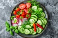 Vegetables Salad, Vegan Plate of Fresh Sliced Cucumbers, Green Onions, Radish, Cherry Tomatoes Royalty Free Stock Photo