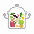 Vegetables in a saucepan. Logo for vegetarian menu. Useful and
