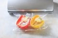 Vegetables in sealed vacuum packing bags. Su-video cooking. Royalty Free Stock Photo