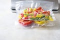 Vegetables in sealed vacuum packing bags. Su-video cooking. Royalty Free Stock Photo