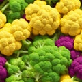 Vegetables seamless pattern, Broccoli and smaller purple and yellow cauliflowers