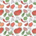 Vegetables seamless pattern. Hand drawn fresh tomato, pepper, radish, onion, garlic, paprika and broccoli. Vector sketch Royalty Free Stock Photo