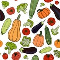 Vegetables seamless pattern - hand-drawn illustration: tomatoes, broccoli, eggplants, pumpkins and zucchini