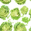 Vegetables seamless pattern, Lettuce and green peas