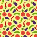 Vegetables seamless pattern. Tomato, cucumber, pepper, chili and eggplant. Paprika. Hand drawn doodle vector sketch. Healthy food Royalty Free Stock Photo
