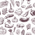 Vegetables seamless pattern. Vintage hand drawn harvest vegetables, healthy organic food sketch, farm natural product