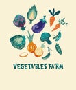 Vegetables set. Eggplant, cabbage, peas, carrots and onions. Fresh farm, organic food. Perfect for printing postcards of shops