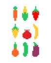 Vegetables set icon pixel art. Carrots and corn 8bit. Pepper and cucumber 8 bit