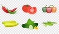 Vegetables Set Vector Illustration. Tomato, green cucumbers, peppers, zukini and pea pod. Isolated 3d vector icon set