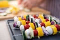 Vegetables on skewers on tray outdoors prepared for grilling on garden barbecue. Royalty Free Stock Photo