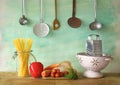 Vegetables, spaghetti, kitchen utenslis Royalty Free Stock Photo