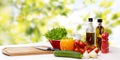 Vegetables, spices and kitchenware on table