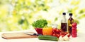 Vegetables, spices and kitchenware on table