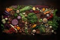 vegetables, spices, and other ingredients arranged in a beautiful and artistic way