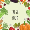 Vegetables square frame. Organic market banner and healthy food template. Concept of fresh farm products. Hand drawn vector Royalty Free Stock Photo