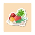 Vegetables sticker illustration. Onion, green, tomato, pepper, mushrooms. Editable vector graphic design.