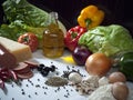 Food Ingredients Still Life Composition with Vegetables, Olive O Royalty Free Stock Photo