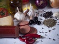 Food Ingredients Still Life Composition with Vegetables, Olive O Royalty Free Stock Photo