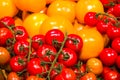 Vegetables in supermarket. Red small tomatoes on a branch with big yellow. Bright colors. Vitamins and healthy food. Diet. Royalty Free Stock Photo