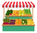 Vegetables supermarket stall. Fruits, vegetables wooden counter, grocery store organic food. Fresh vegetables local shop Royalty Free Stock Photo