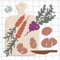 Vegetables at the table kitchen. Healthy food. Abstract illustration. Eco-friendly. Carrot, beet, garlic, potatoes