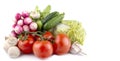 Vegetables tomatoes, lettuce, radishes, mushrooms champignon , cucumbers, garlic on a white isolated background Royalty Free Stock Photo