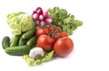 Vegetables tomatoes, lettuce, radishes, mushrooms champignon , cucumbers, garlic on a white isolated background Royalty Free Stock Photo