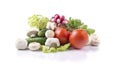 Vegetables tomatoes, lettuce, radishes, mushrooms champignon , cucumbers, garlic on a white isolated background Royalty Free Stock Photo