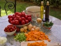 Vegetables, tomatoes, onions, chopped celery, carrot and basil leaves on the table with bottles of olive oil and balsamico vinegar Royalty Free Stock Photo