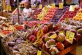 Vegetables and tropical fruits in the Central market in Barcelona