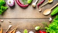 Frame of fresh vegetables on wooden background with copy space. Top view Royalty Free Stock Photo