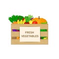 Vegetables in a wooden box with Fresh Vegetables text. Organic food illustration. Fresh vegetables from the farm. Natural, healthy