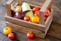 Vegetables in wooden crate. Tomatoes, onions, squash