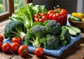 Vegetables on a wooden table: broccoli, tomatoes, cucumbers, peppers, lettuce, parsley on a checkered napkin. Royalty Free Stock Photo