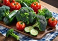 Vegetables on a wooden table: broccoli, tomatoes, cucumbers, peppers, lettuce, parsley on a checkered napkin. Royalty Free Stock Photo