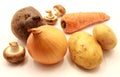 Vegetables: yellow onions, potatoes, carrots, beets and mushrooms