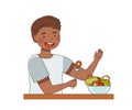 Vegetarian African American Male at Table Eating Fresh Vegetable Salad Vector Illustration