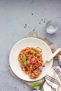 Vegetarian appetizing pasta served with tomato sauce, basil and fresh cherry tomatoes on ceramic plate. Royalty Free Stock Photo