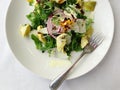 Vegetarian arugula, artichoke, onion salad on white plate with fork Royalty Free Stock Photo
