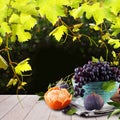 Vegetarian background with fruits, green grape leaves and white wooden table board