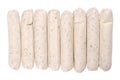 Vegetarian barbecue sausages, in a row, from above, isolated, over white