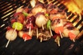 Vegetarian BBQ. Vegetable Shish Kebabs On Hot Flaming Grill, Clo Royalty Free Stock Photo