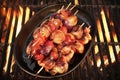 Vegetarian BBQ. Vegetable Shish Kebabs On Hot Flaming Grill, Clo Royalty Free Stock Photo