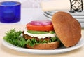 Vegetarian black bean burger on a whole wheat roll. Royalty Free Stock Photo