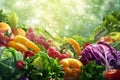 vegetarian border of fresh wet vegetables and fruits against a shining green bokeh background. healthy and vitamin nutrition Royalty Free Stock Photo