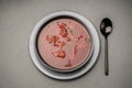 Vegetarian borscht in a concrete plate on a concrete table top view